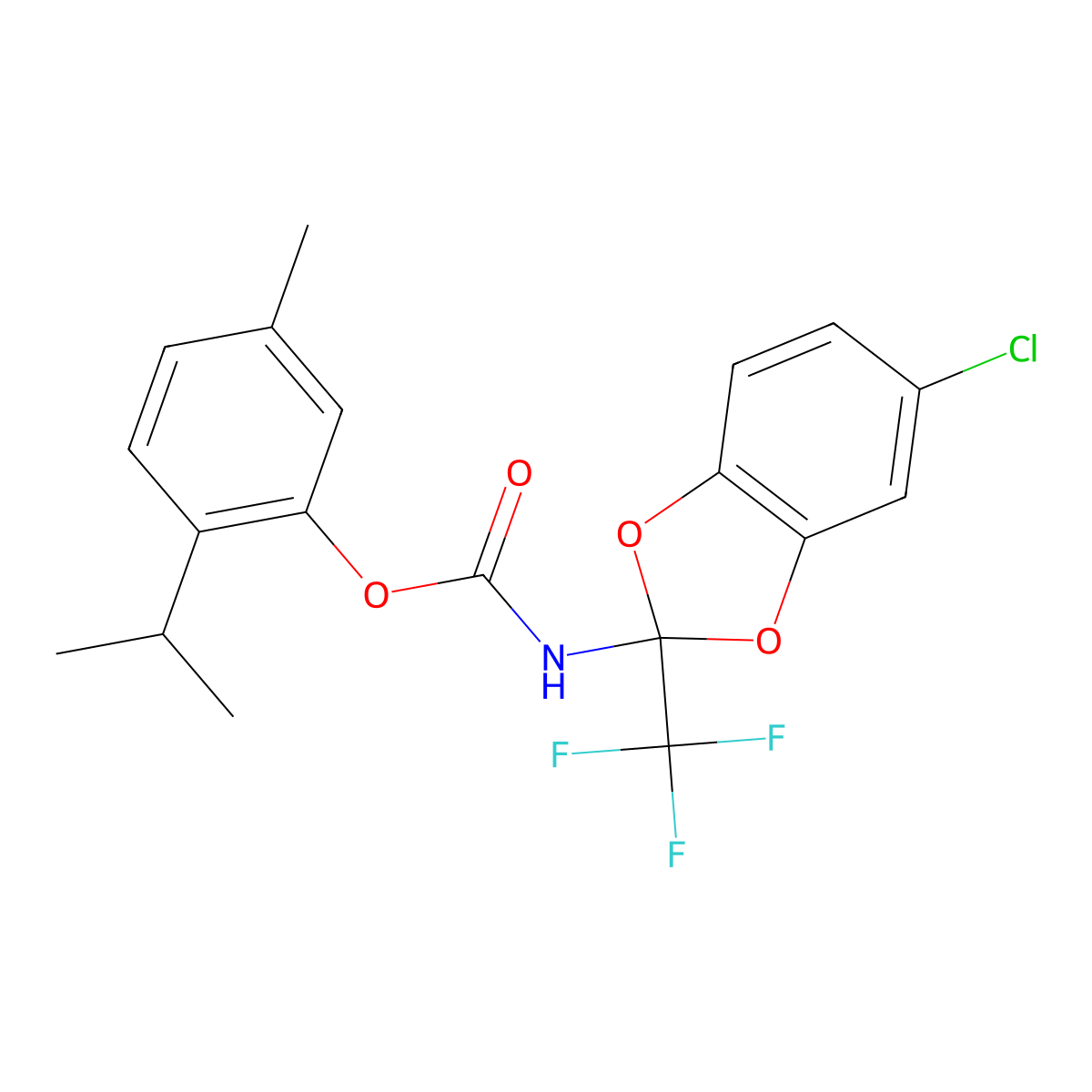 (5-methyl-2-propan-2-ylphenyl) N-[5-chloro-2-(trifluoromethyl)-1,3-benzodioxol-2-yl]carbamate molecular structure, CAS 324058-51-7