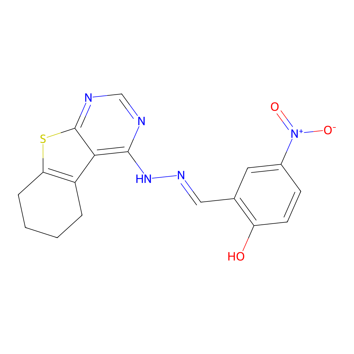 2-Hydroxy-5-nitrobenzaldehyde 2-(5,6,7,8-tetrahydro[1]benzothieno[2,3-d]pyrimidin-4-yl)hydrazone molecular structure, CAS 324060-94-8