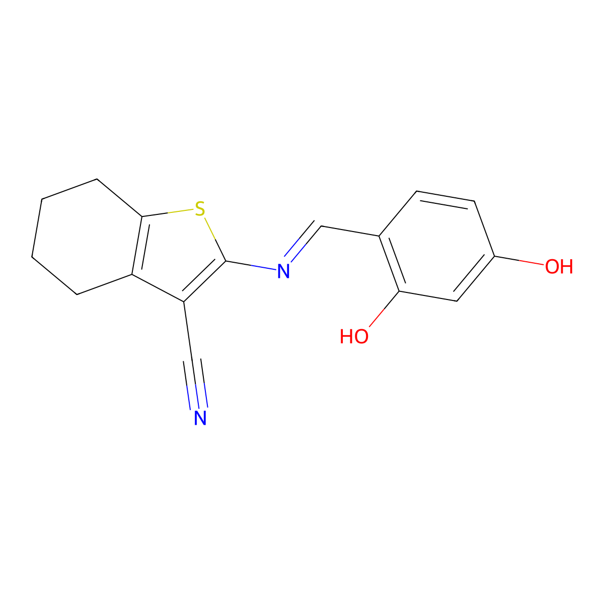 2-[(Z)-[(2,4-Dihydroxyphenyl)methylidene]amino]-4,5,6,7-tetrahydro-1-benzothiophene-3-carbonitrile molecular structure, CAS 324064-20-2