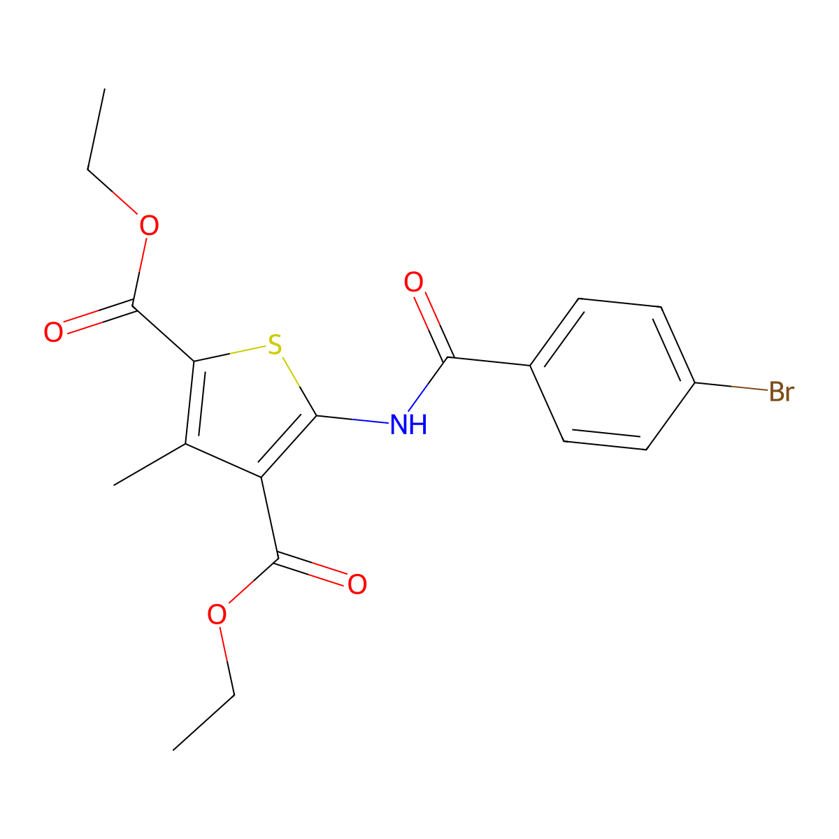 Diethyl 5-(4-bromobenzamido)-3-methylthiophene-2,4-dicarboxylate molecular structure, CAS 324065-57-8