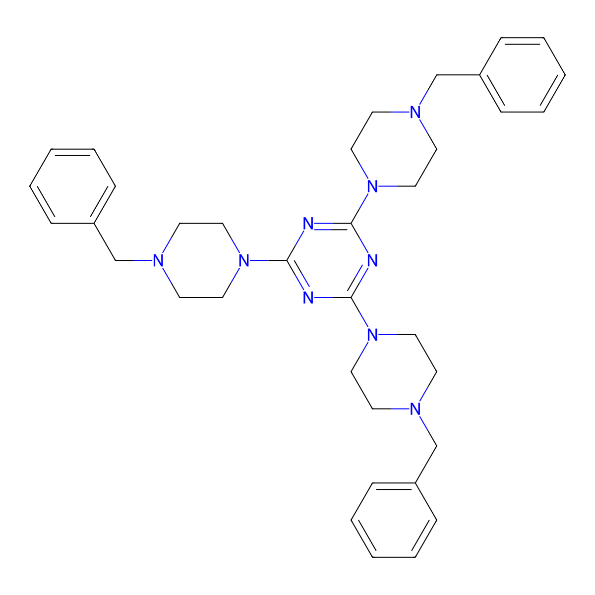 2,4,6-Tris(4-benzylpiperazin-1-yl)-1,3,5-triazine molecular structure, CAS 324067-73-4