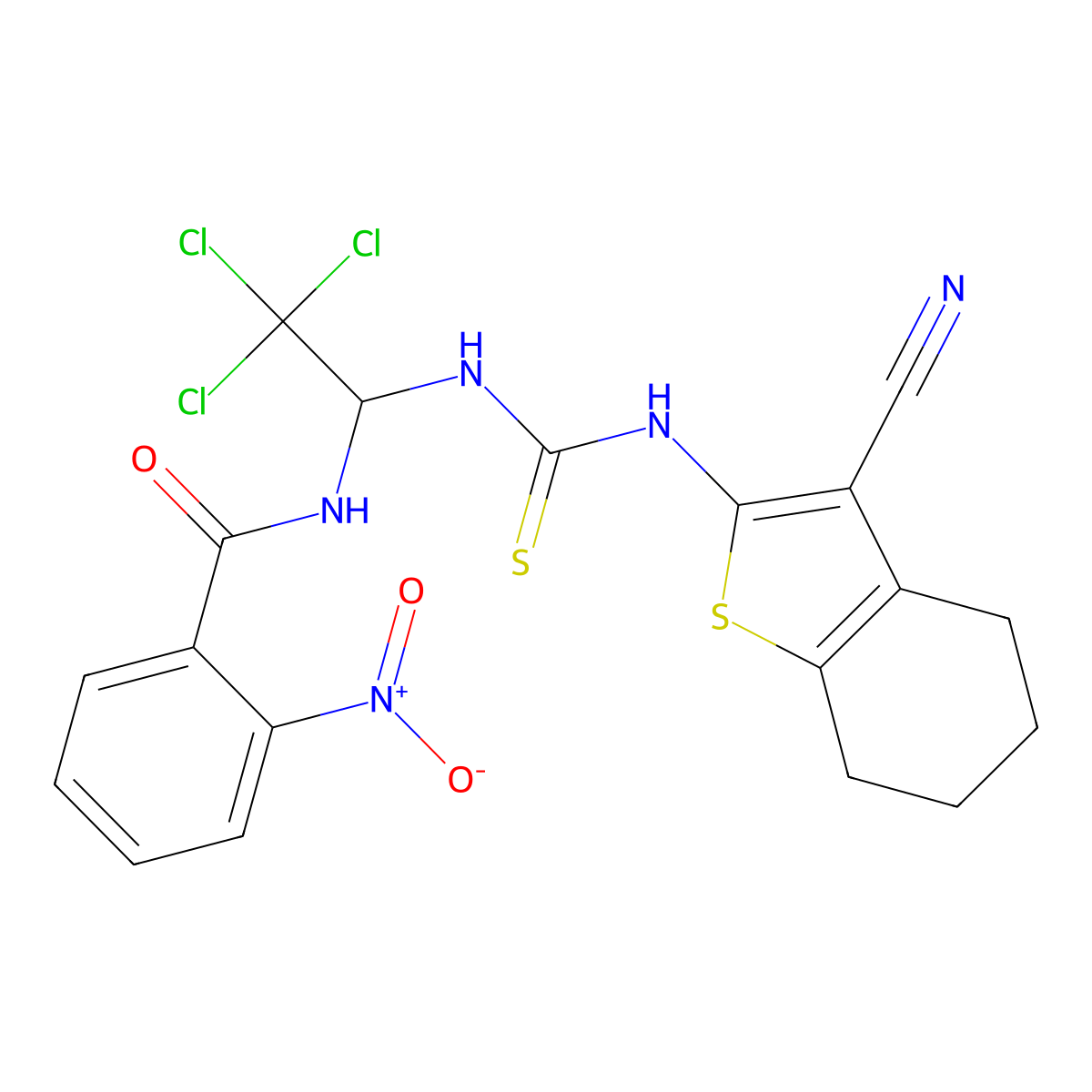 2-nitro-N-[2,2,2-trichloro-1-[(3-cyano-4,5,6,7-tetrahydro-1-benzothiophen-2-yl)carbamothioylamino]ethyl]benzamide molecular structure, CAS 324068-60-2