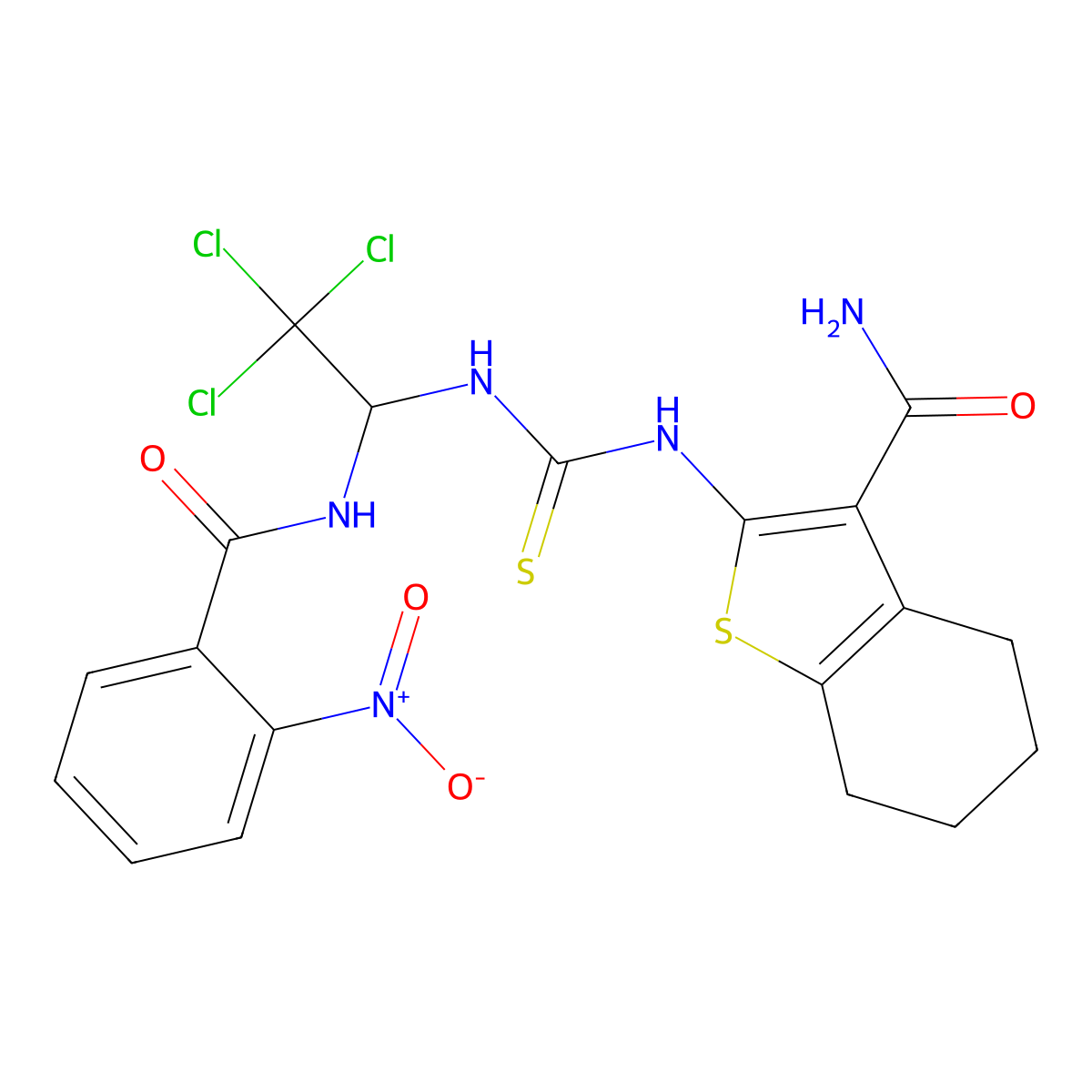 2-[[2,2,2-Trichloro-1-[(2-nitrobenzoyl)amino]ethyl]carbamothioylamino]-4,5,6,7-tetrahydro-1-benzothiophene-3-carboxamide molecular structure, CAS 324068-61-3