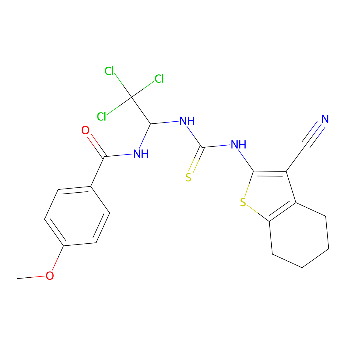 4-methoxy-N-(2,2,2-trichloro-1-{[(3-cyano-4,5,6,7-tetrahydro-1-benzothiophen-2-yl)carbamothioyl]amino}ethyl)benzamide molecular structure, CAS 324068-64-6