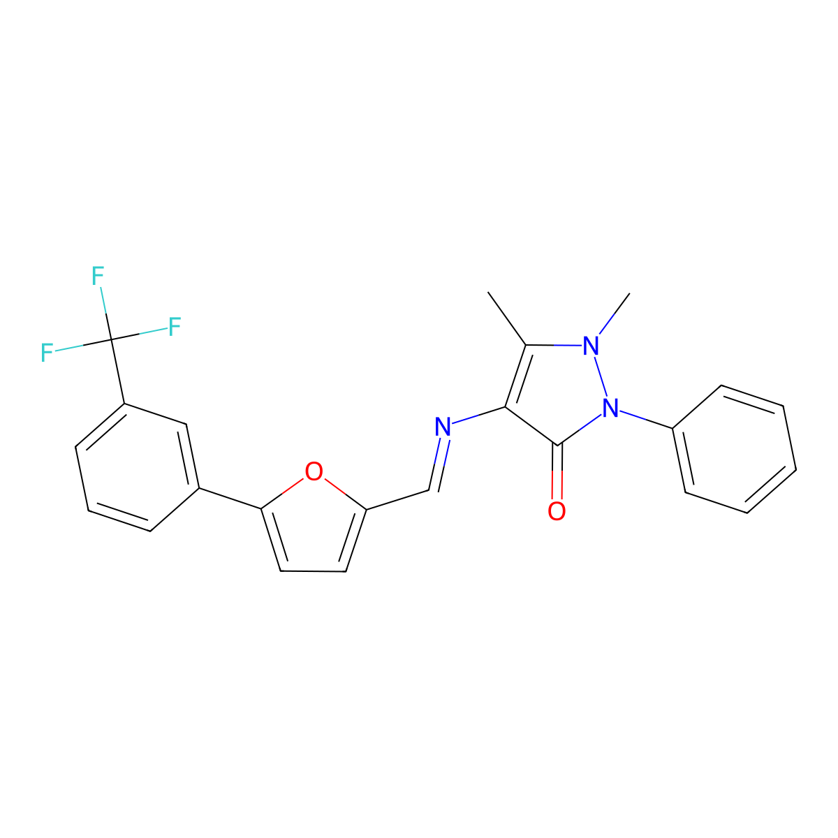 1,5-dimethyl-2-phenyl-4-{[(E)-{5-[3-(trifluoromethyl)phenyl]furan-2-yl}methylidene]amino}-1,2-dihydro-3H-pyrazol-3-one molecular structure, CAS 324069-51-4