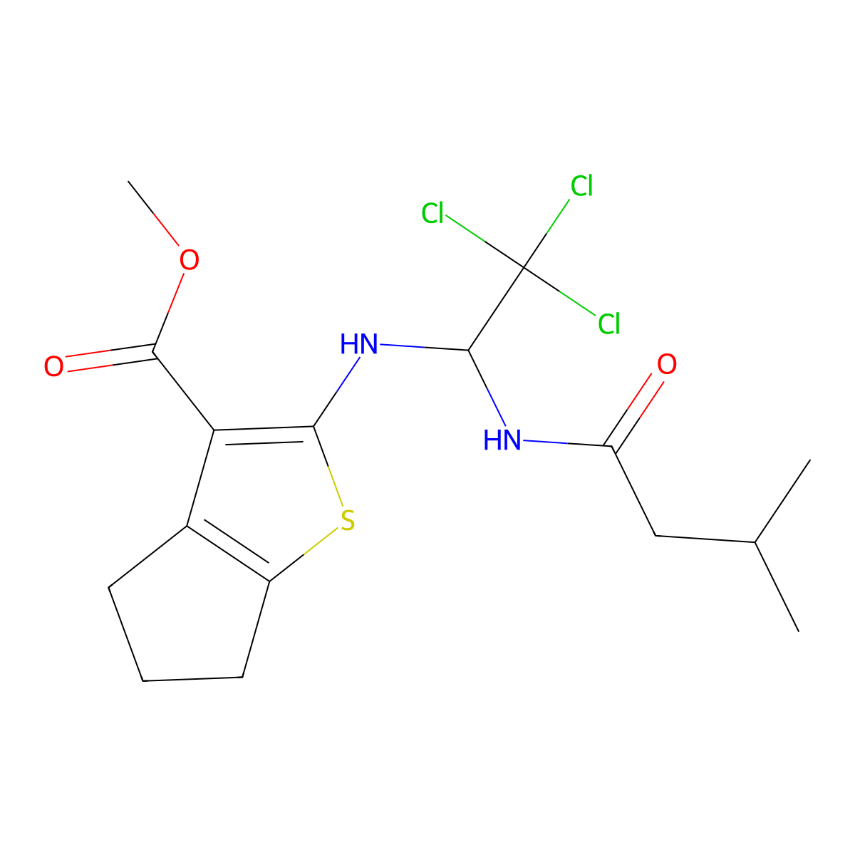 methyl 2-({2,2,2-trichloro-1-[(3-methylbutanoyl)amino]ethyl}amino)-5,6-dihydro-4H-cyclopenta[b]thiophene-3-carboxylate molecular structure, CAS 324073-46-3