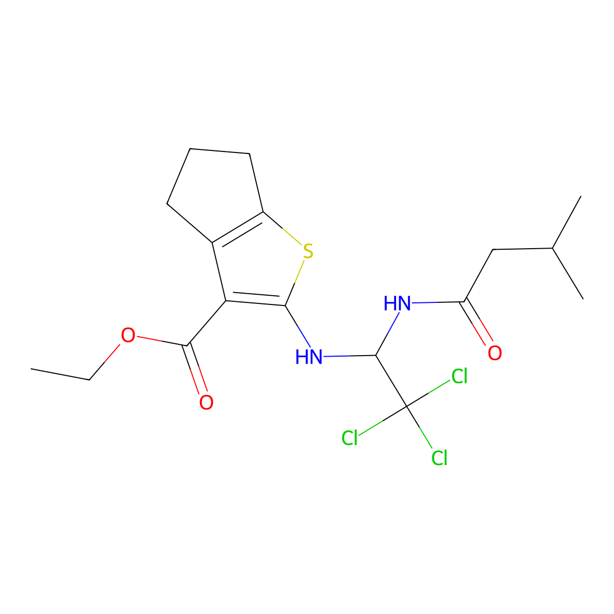 ethyl 2-({2,2,2-trichloro-1-[(3-methylbutanoyl)amino]ethyl}amino)-5,6-dihydro-4H-cyclopenta[b]thiophene-3-carboxylate molecular structure, CAS 324073-47-4