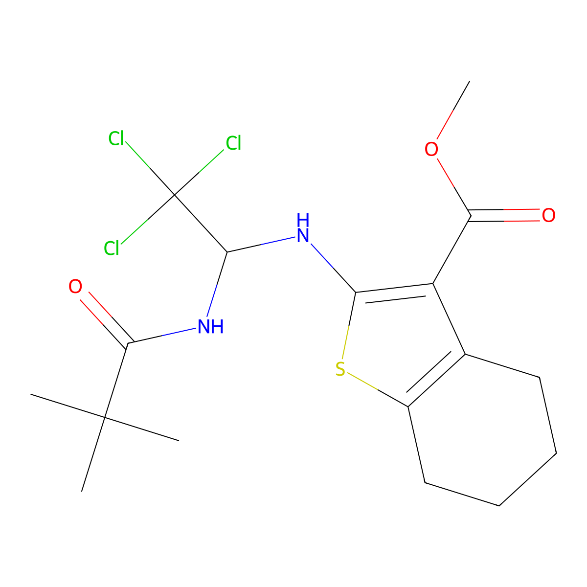 Methyl 2-({2,2,2-trichloro-1-[(2,2-dimethylpropanoyl)amino]ethyl}amino)-4,5,6,7-tetrahydro-1-benzothiophene-3-carboxylate molecular structure, CAS 324073-77-0