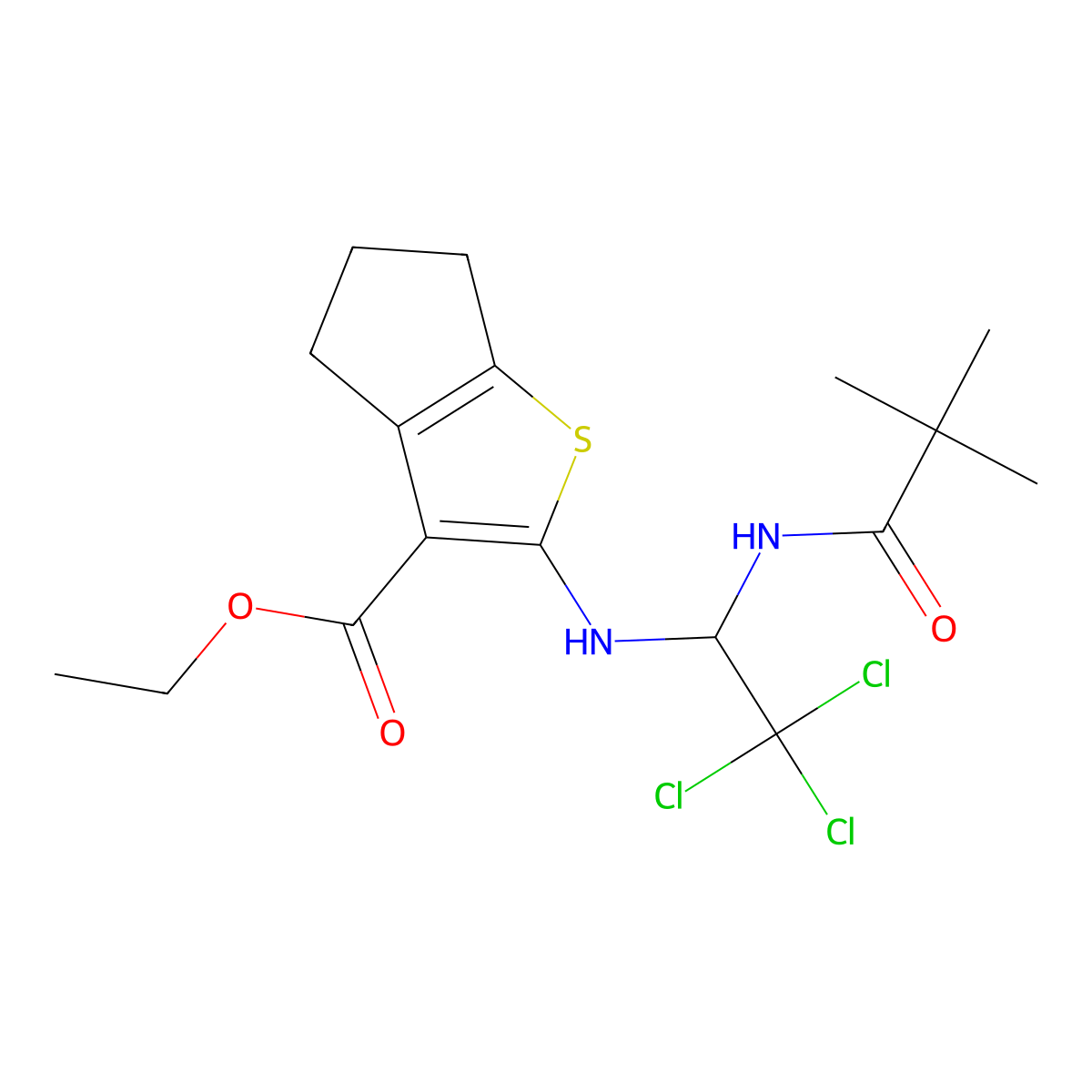 ethyl 2-({2,2,2-trichloro-1-[(2,2-dimethylpropanoyl)amino]ethyl}amino)-5,6-dihydro-4H-cyclopenta[b]thiophene-3-carboxylate molecular structure, CAS 324073-78-1