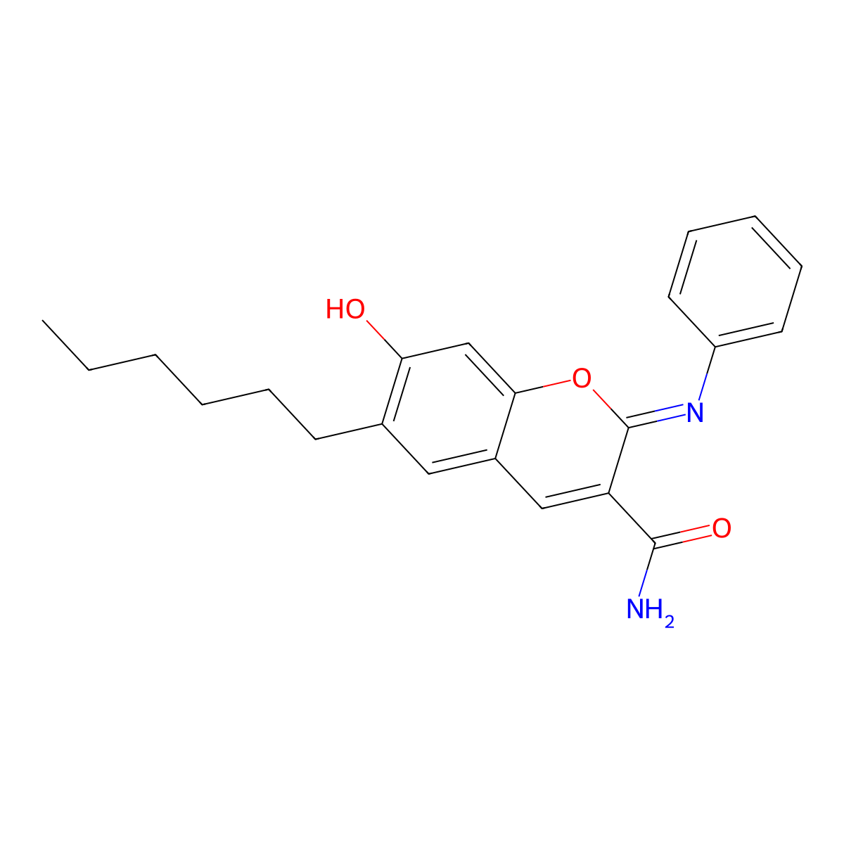 (2Z)-6-hexyl-7-hydroxy-2-(phenylimino)-2H-chromene-3-carboxamide molecular structure, CAS 324525-91-9