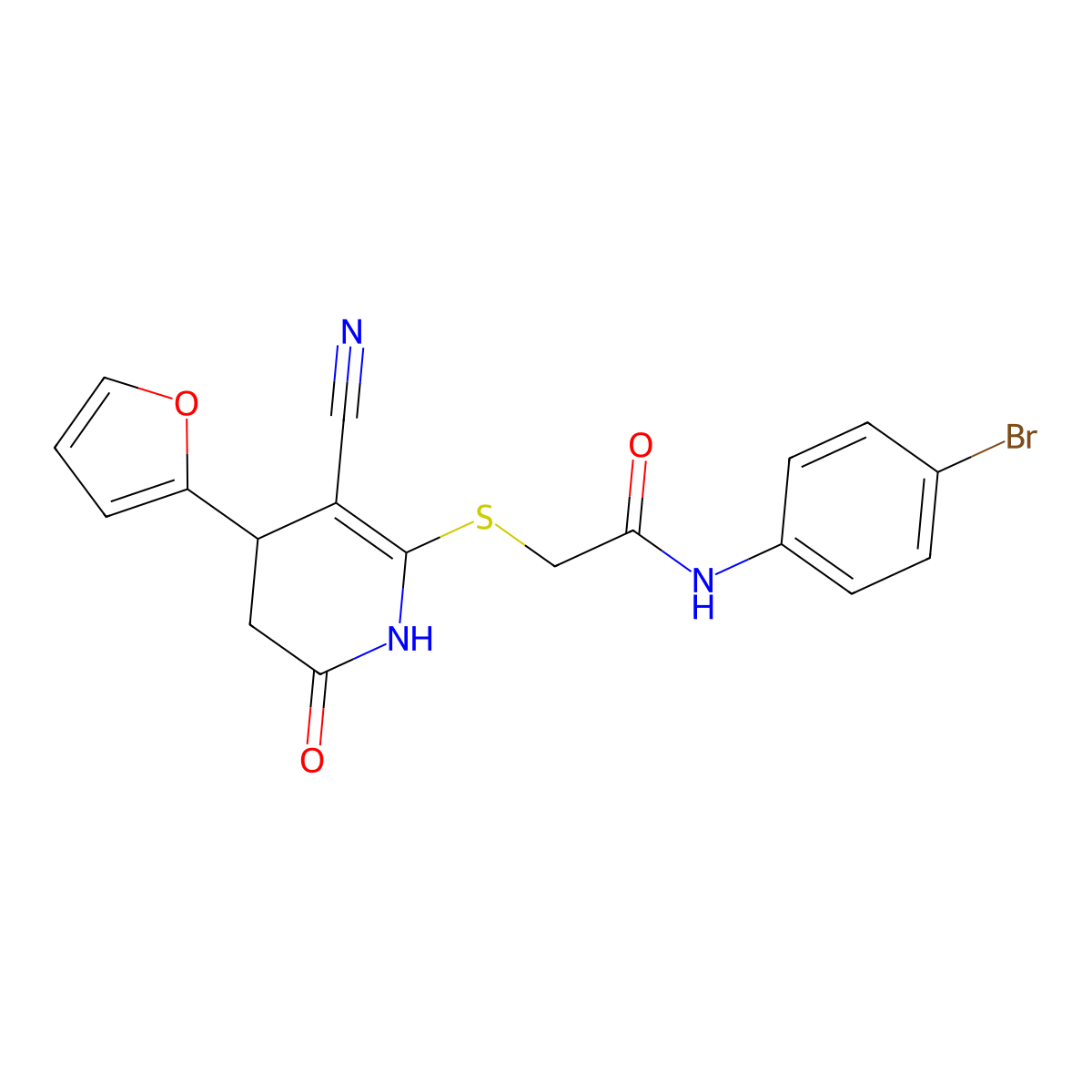 N-(4-bromophenyl)-2-[[5-cyano-4-(furan-2-yl)-2-oxo-3,4-dihydro-1H-pyridin-6-yl]sulfanyl]acetamide molecular structure, CAS 324526-75-2