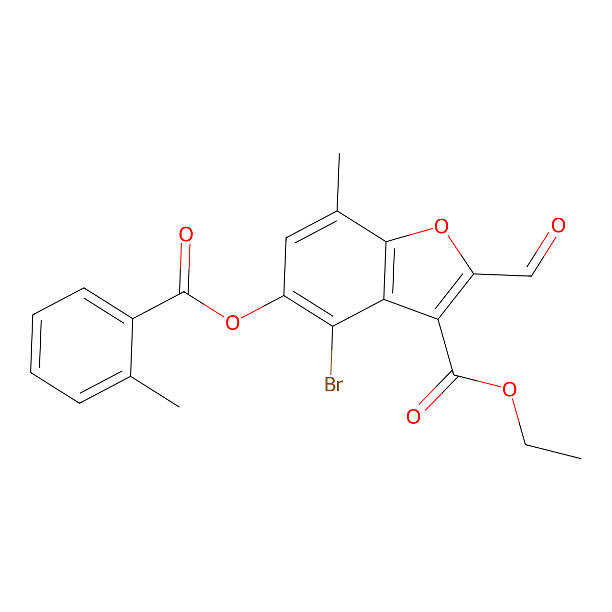 Ethyl 4-bromo-2-formyl-7-methyl-5-((2-methylbenzoyl)oxy)benzofuran-3-carboxylate molecular structure, CAS 324538-73-0