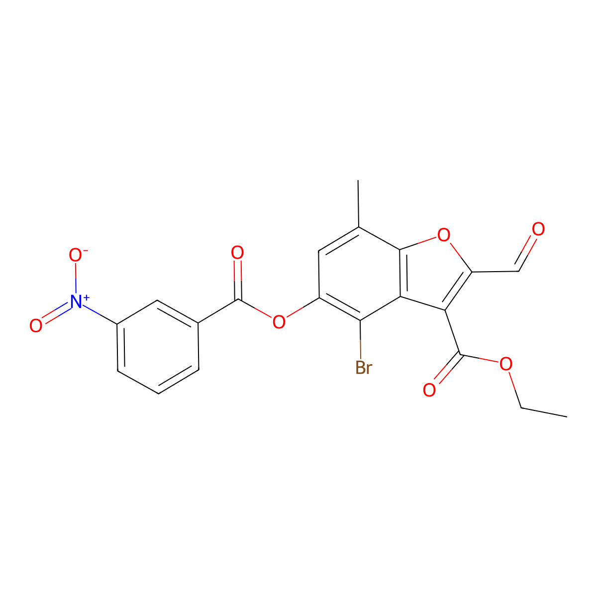 Ethyl 4-bromo-2-formyl-7-methyl-5-((3-nitrobenzoyl)oxy)benzofuran-3-carboxylate molecular structure, CAS 324538-86-5