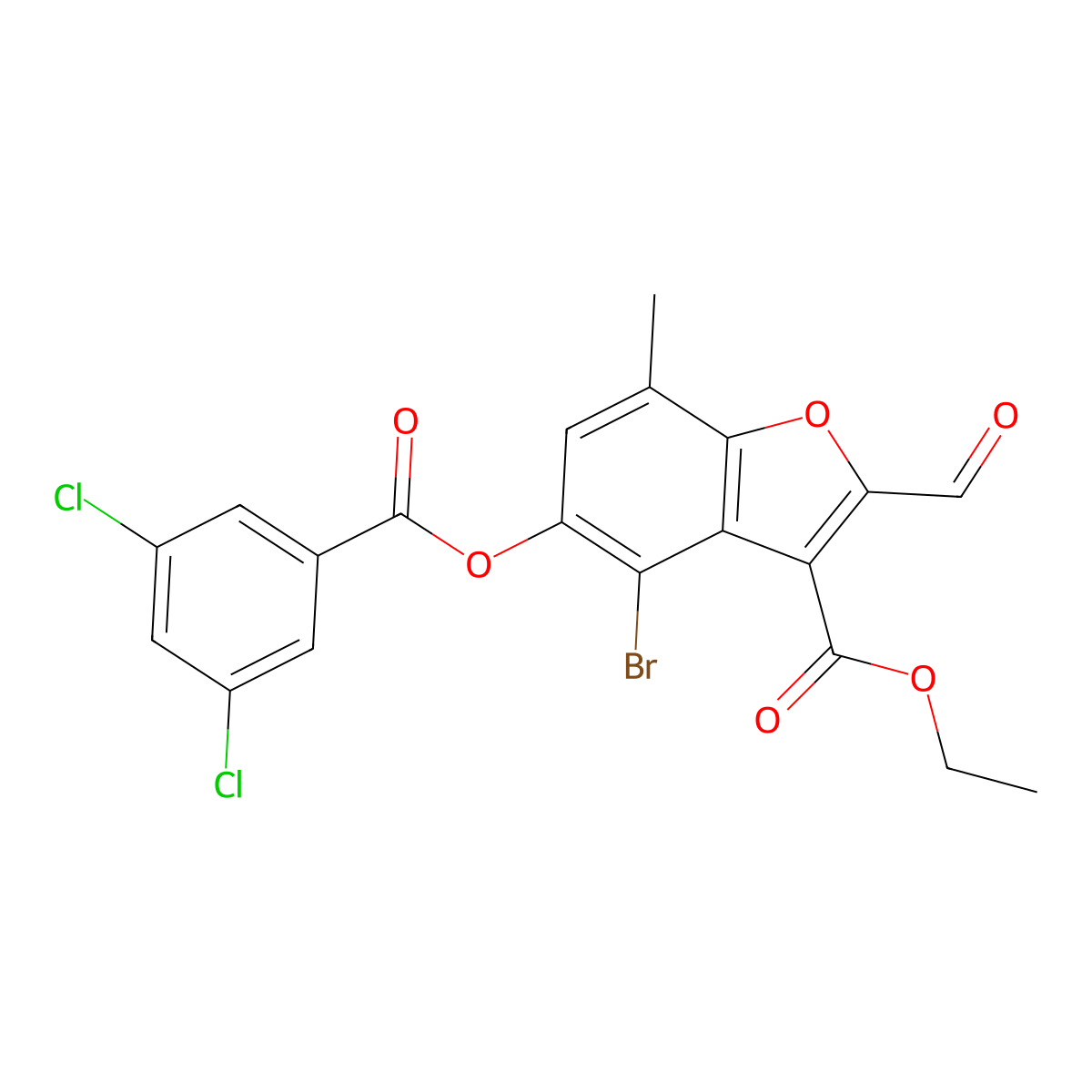 Ethyl 4-bromo-5-(3,5-dichlorobenzoyl)oxy-2-formyl-7-methyl-1-benzofuran-3-carboxylate molecular structure, CAS 324538-94-5