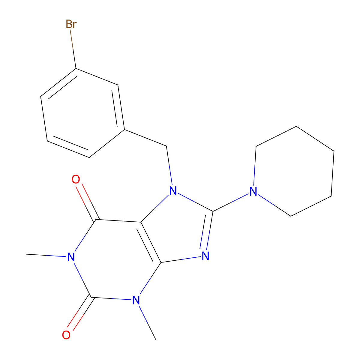 7-(3-bromobenzyl)-1,3-dimethyl-8-(piperidin-1-yl)-1H-purine-2,6(3H,7H)-dione molecular structure, CAS 324539-13-1
