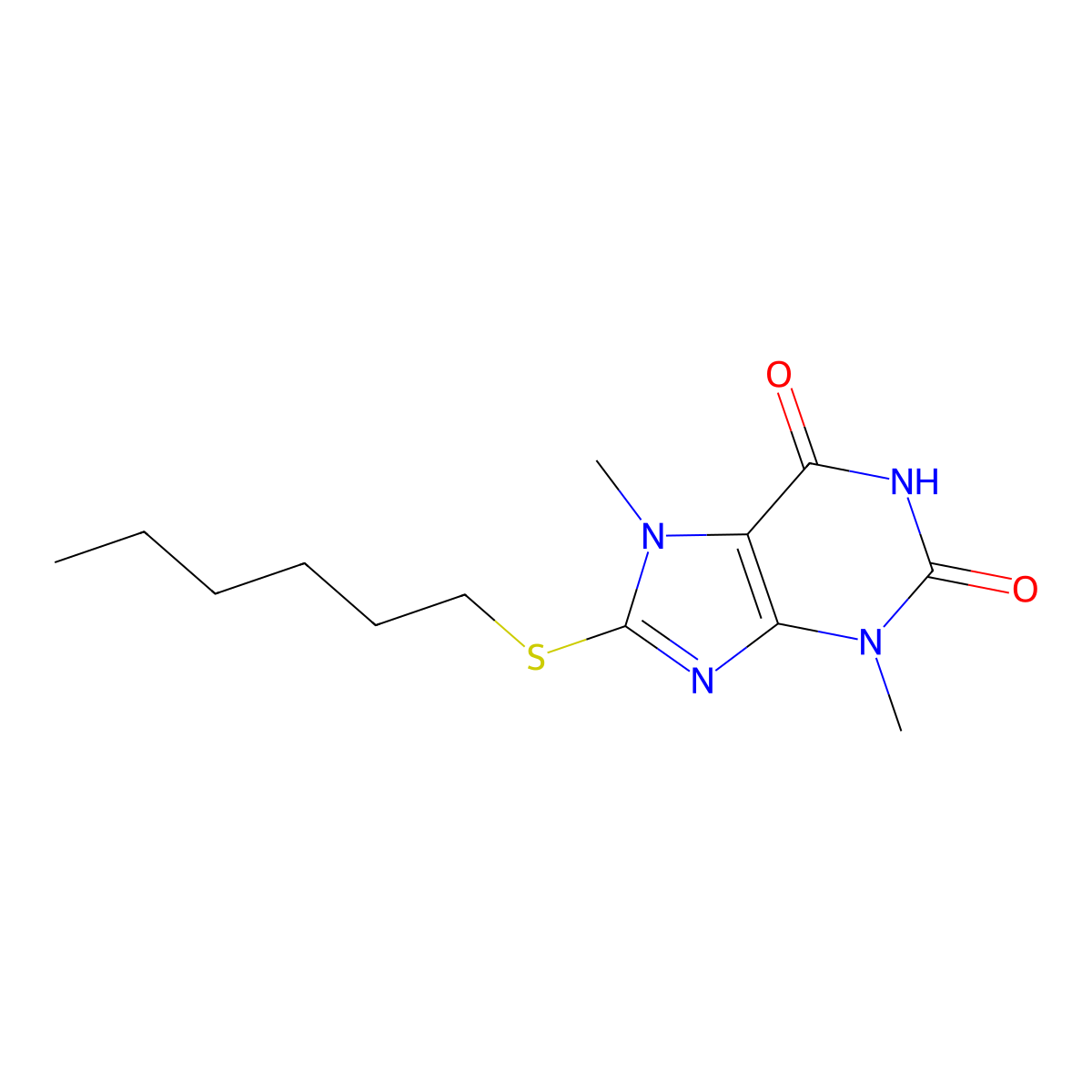 8-(hexylthio)-3,7-dimethyl-1H-purine-2,6(3H,7H)-dione molecular structure, CAS 324539-21-1