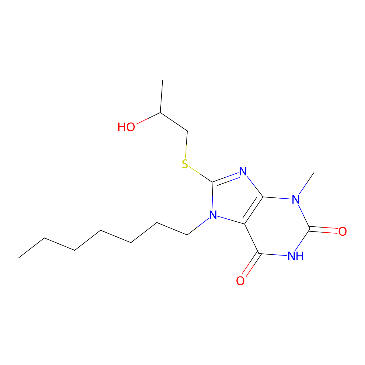 7-heptyl-8-((2-hydroxypropyl)thio)-3-methyl-1H-purine-2,6(3H,7H)-dione molecular structure, CAS 324539-37-9