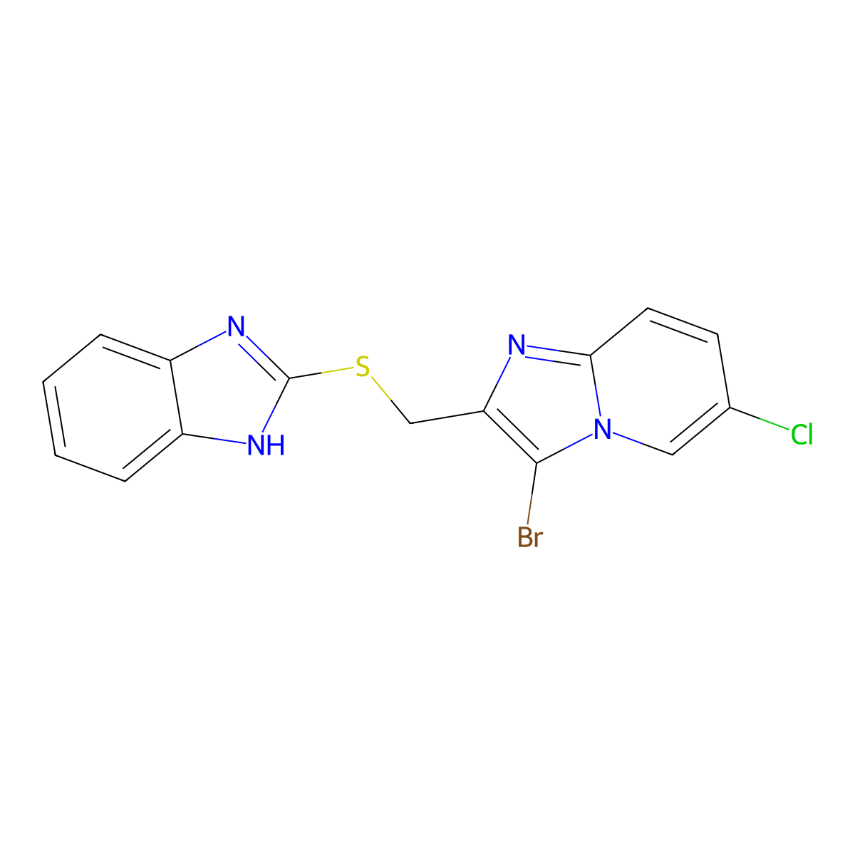 2-(((3-bromo-6-chloroimidazo[1,2-a]pyridin-2-yl)methyl)thio)-1H-benzo[d]imidazole molecular structure, CAS 324540-80-9