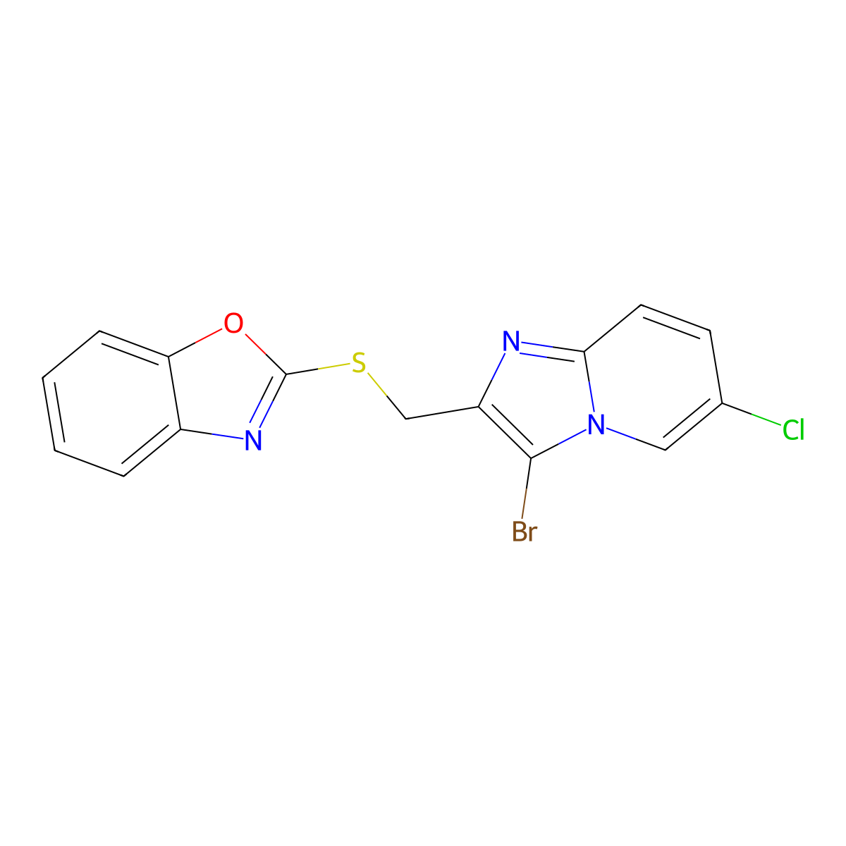 2-(((3-Bromo-6-chloroimidazo[1,2-a]pyridin-2-yl)methyl)thio)benzo[d]oxazole molecular structure, CAS 324540-81-0