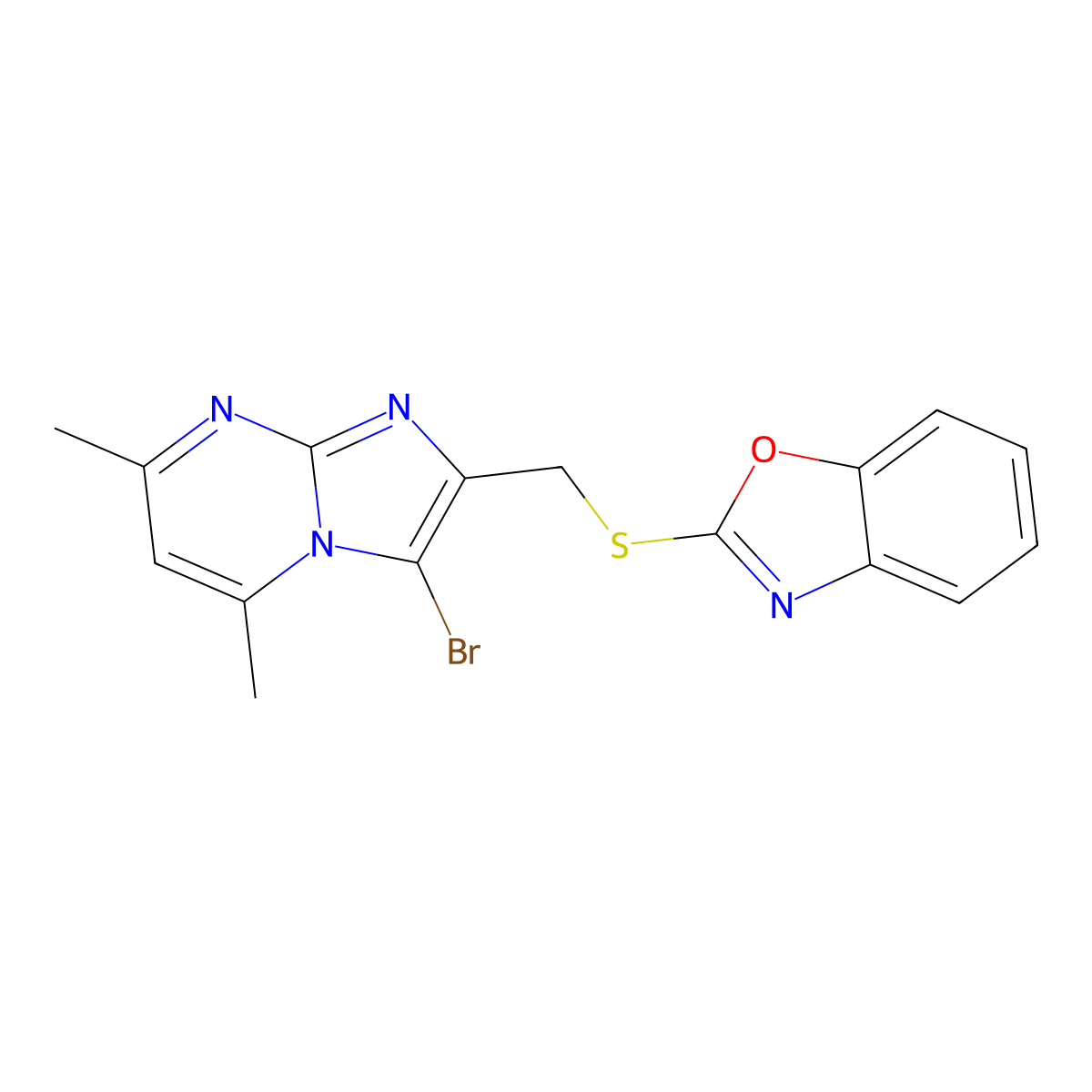 2-[(3-Bromo-5,7-dimethyl-2-imidazo[1,2-a]pyrimidinyl)methylthio]-1,3-benzoxazole molecular structure, CAS 324540-85-4