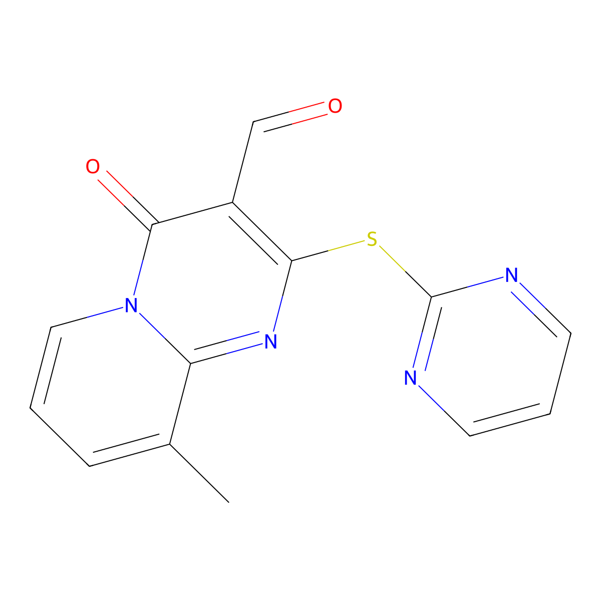 9-methyl-4-oxo-2-(pyrimidin-2-ylthio)-4H-pyrido[1,2-a]pyrimidine-3-carbaldehyde molecular structure, CAS 324544-93-6