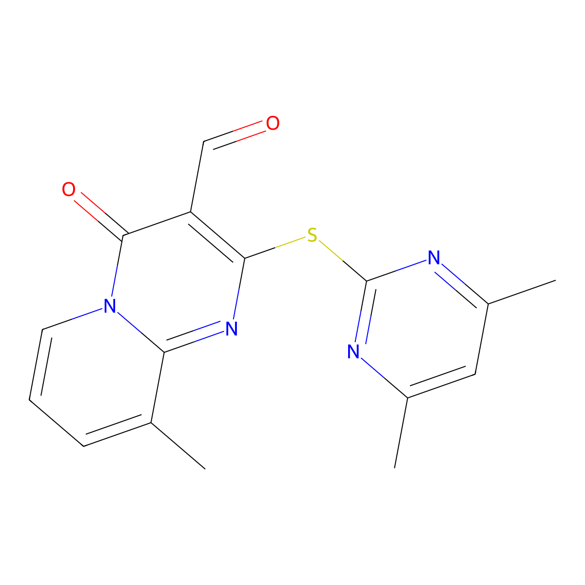 2-((4,6-dimethylpyrimidin-2-yl)thio)-9-methyl-4-oxo-4H-pyrido[1,2-a]pyrimidine-3-carbaldehyde molecular structure, CAS 324544-94-7
