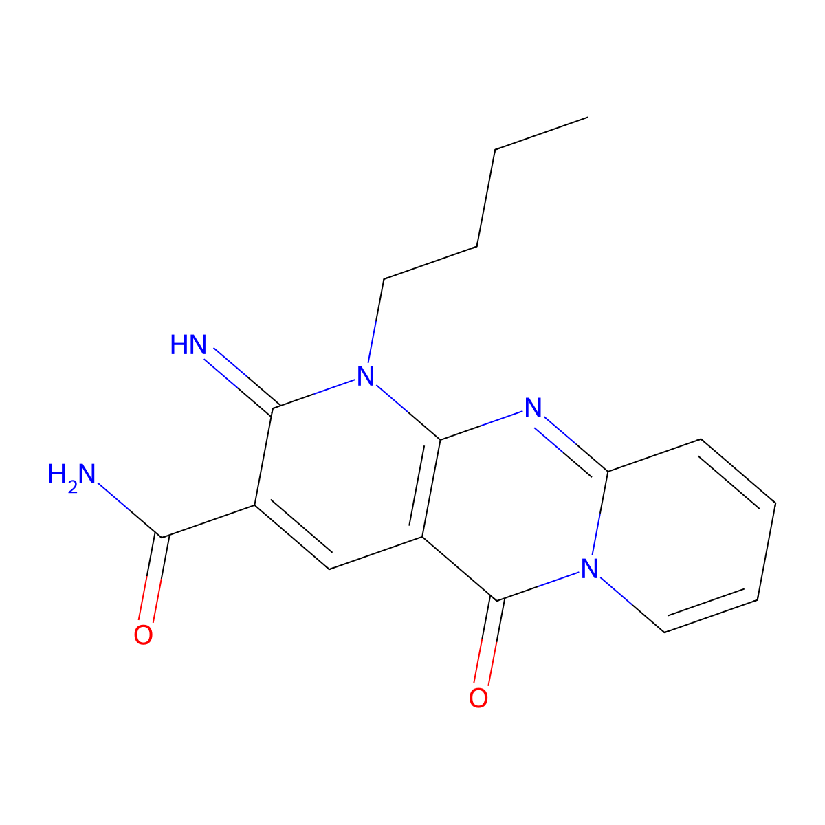 1-Butyl-2-imino-5-oxo-1,6-dihydropyridino[1,2-a]pyridino[2,3-d]pyrimidine-3-ca rboxamide molecular structure, CAS 324545-40-6