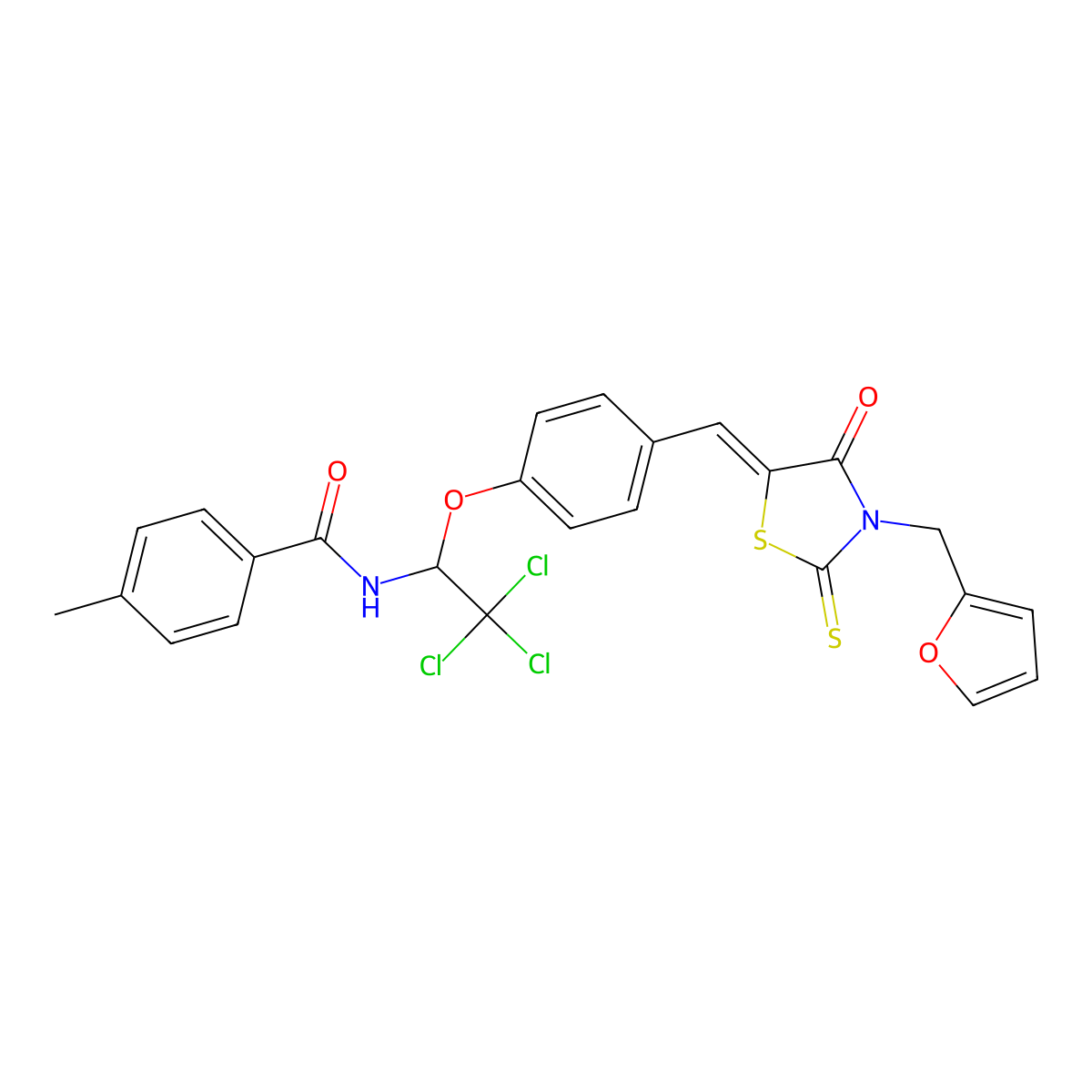 4-Methyl-N-[2,2,2-trichloro-1-[4-[[3-(2-furanylmethyl)-4-oxo-2-thioxo-5-thiazolidinylidene]methyl]phenoxy]ethyl]benzamide molecular structure, CAS 324546-24-9