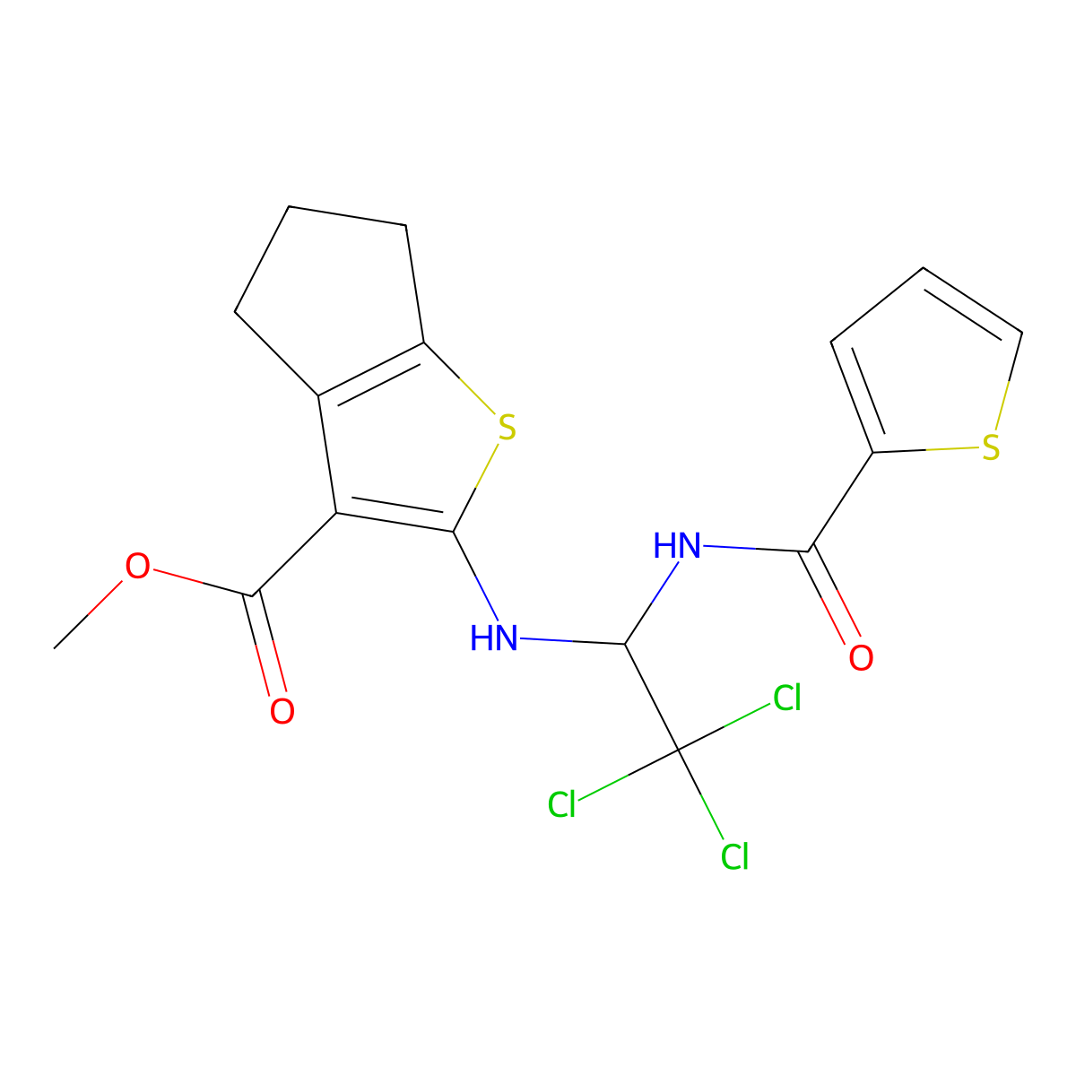 methyl 2-({2,2,2-trichloro-1-[(thiophen-2-ylcarbonyl)amino]ethyl}amino)-5,6-dihydro-4H-cyclopenta[b]thiophene-3-carboxylate molecular structure, CAS 324577-27-7