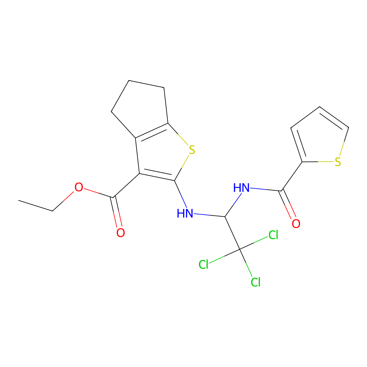 ethyl 2-({2,2,2-trichloro-1-[(thiophen-2-ylcarbonyl)amino]ethyl}amino)-5,6-dihydro-4H-cyclopenta[b]thiophene-3-carboxylate molecular structure, CAS 324577-29-9