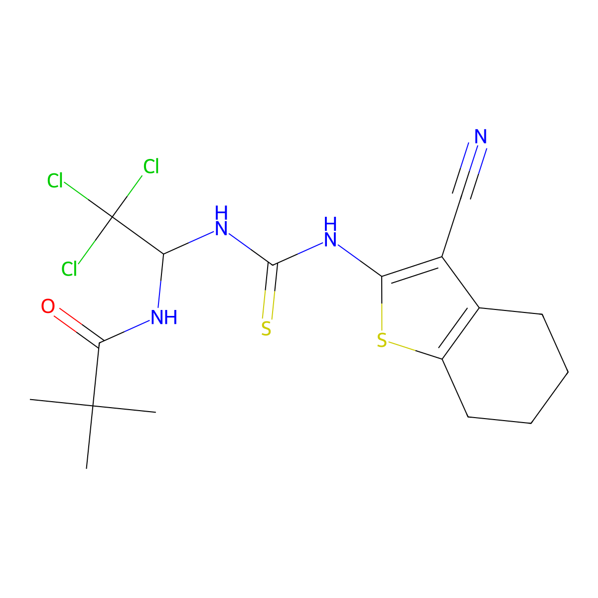 2,2-dimethyl-N-[2,2,2-trichloro-1-[(3-cyano-4,5,6,7-tetrahydro-1-benzothiophen-2-yl)carbamothioylamino]ethyl]propanamide molecular structure, CAS 324577-35-7