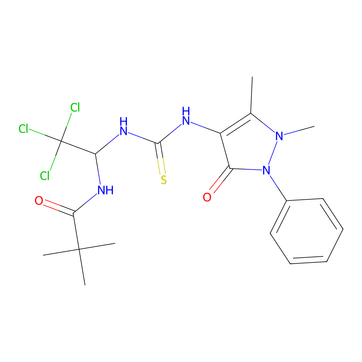 2,2-dimethyl-N-[2,2,2-trichloro-1-[(1,5-dimethyl-3-oxo-2-phenylpyrazol-4-yl)carbamothioylamino]ethyl]propanamide molecular structure, CAS 324577-37-9