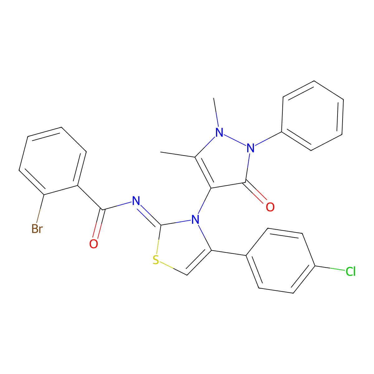 (Z)-2-bromo-N-(4-(4-chlorophenyl)-3-(1,5-dimethyl-3-oxo-2-phenyl-2,3-dihydro-1H-pyrazol-4-yl)thiazol-2(3H)-ylidene)benzamide molecular structure, CAS 324578-26-9