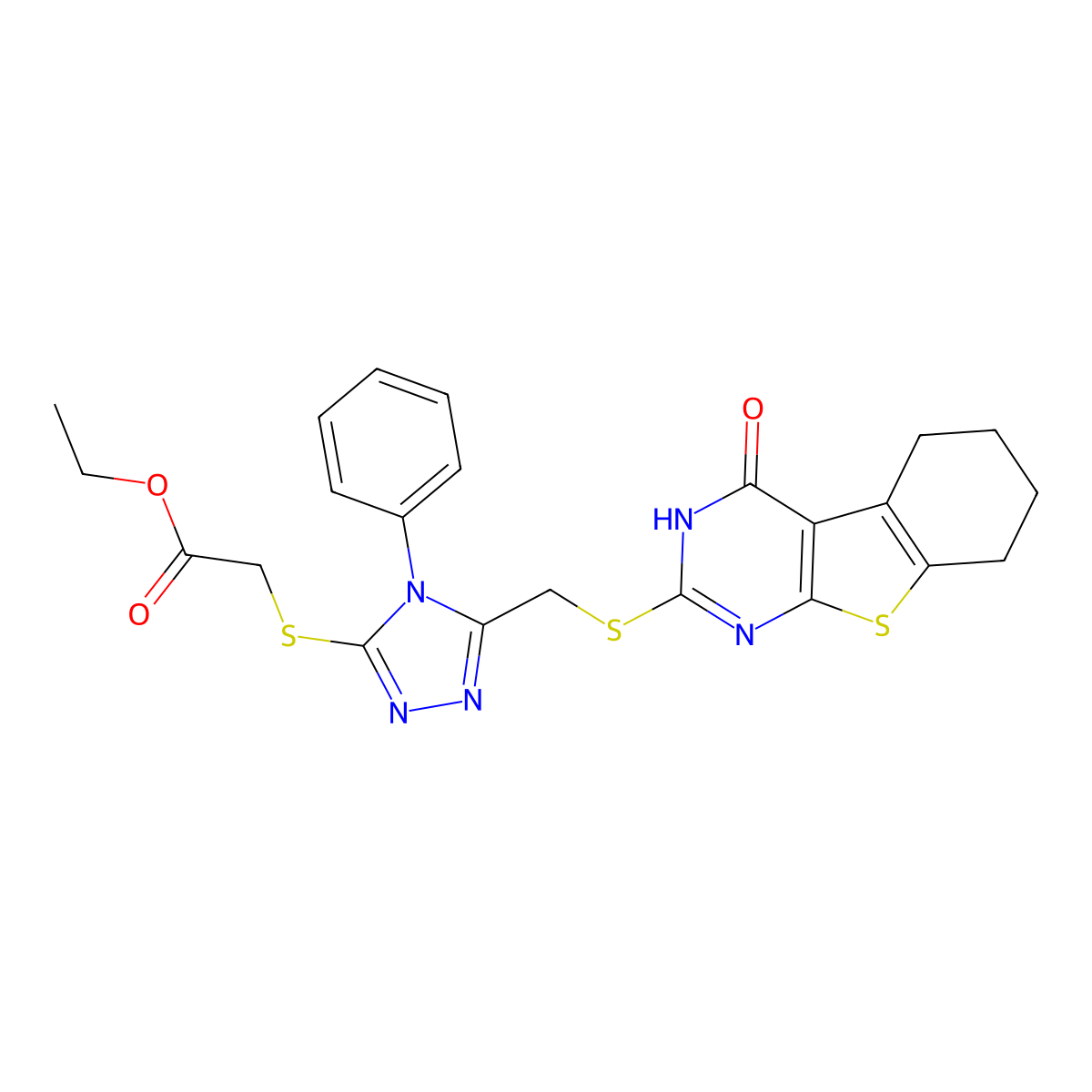 ethyl 2-[[5-[(4-oxo-5,6,7,8-tetrahydro-3H-[1]benzothiolo[2,3-d]pyrimidin-2-yl)sulfanylmethyl]-4-phenyl-1,2,4-triazol-3-yl]sulfanyl]acetate molecular structure, CAS 324579-59-1