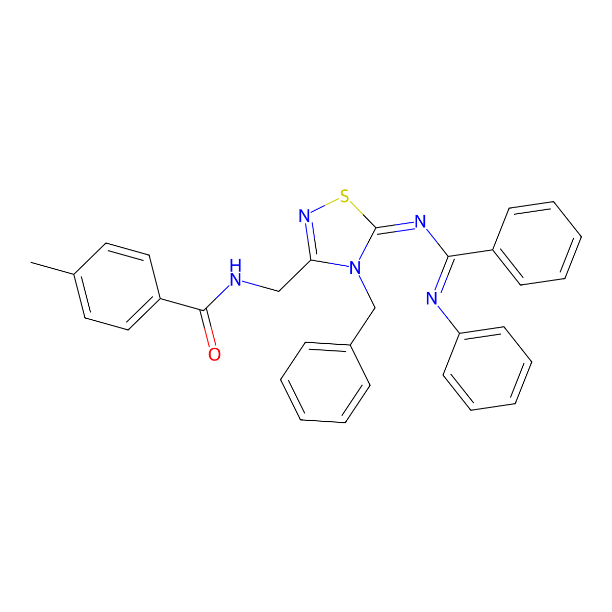 N-(((Z)-4-benzyl-5-(((E)-phenyl(phenylimino)methyl)imino)-4,5-dihydro-1,2,4-thiadiazol-3-yl)methyl)-4-methylbenzamide molecular structure, CAS 324579-68-2
