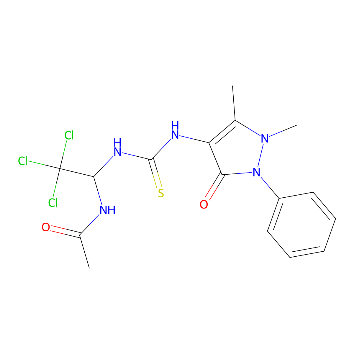 N-[2,2,2-trichloro-1-[(1,5-dimethyl-3-oxo-2-phenylpyrazol-4-yl)carbamothioylamino]ethyl]acetamide molecular structure, CAS 324759-93-5