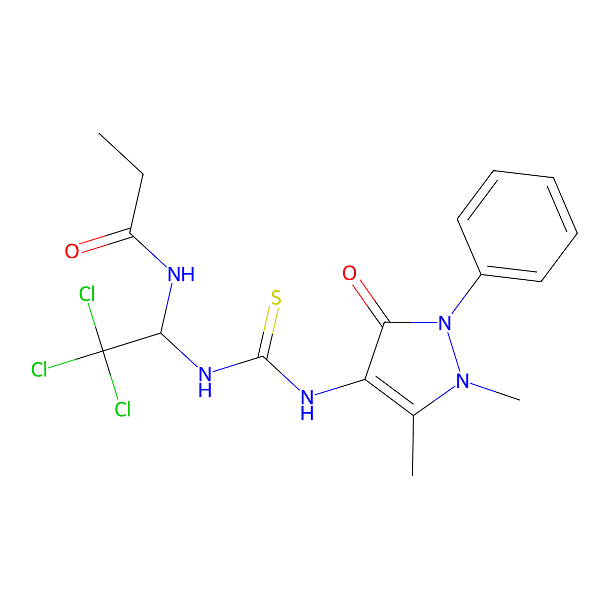 N-{2,2,2-Trichloro-1-[3-(1,5-dimethyl-3-oxo-2-phenyl-2,3-dihydro-1H-pyrazol-4-yl)-thioureido]-ethyl}-propionamide molecular structure, CAS 324769-65-5