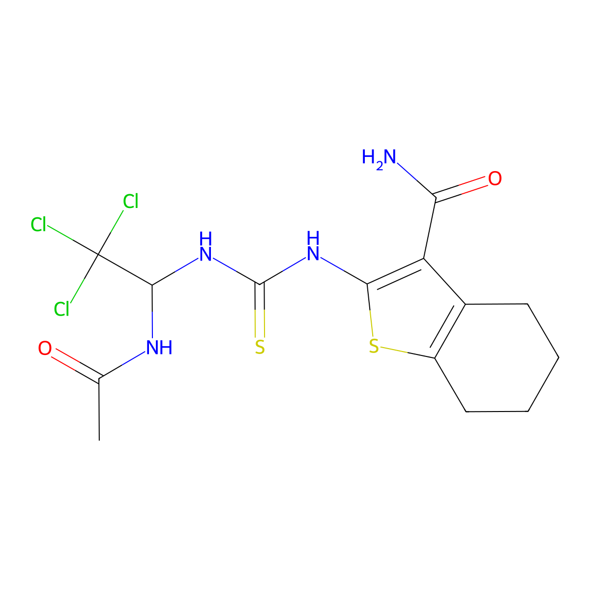 2-[(1-Acetamido-2,2,2-trichloroethyl)carbamothioylamino]-4,5,6,7-tetrahydro-1-benzothiophene-3-carboxamide molecular structure, CAS 324769-70-2