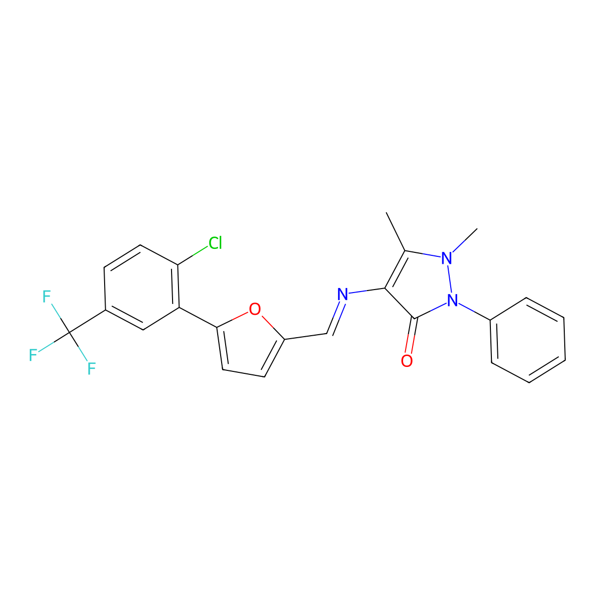 4-{[(E)-{5-[2-chloro-5-(trifluoromethyl)phenyl]furan-2-yl}methylidene]amino}-1,5-dimethyl-2-phenyl-1,2-dihydro-3H-pyrazol-3-one molecular structure, CAS 324769-75-7