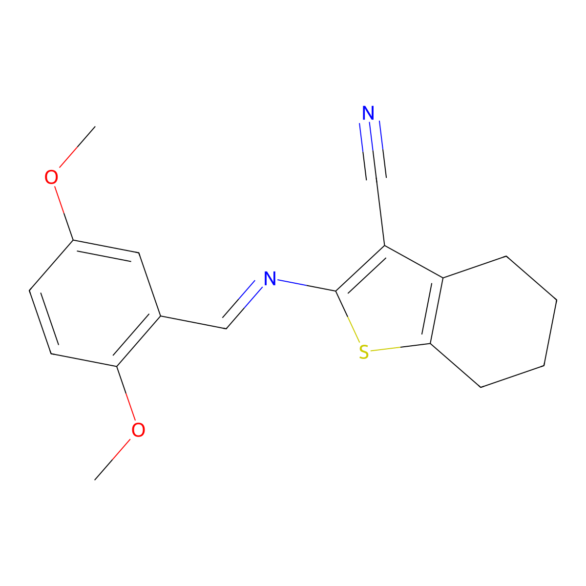 2-[[(2,5-Dimethoxyphenyl)methylene]amino]-4,5,6,7-tetrahydrobenzo[b]thiophene-3-carbonitrile molecular structure, CAS 324776-84-3