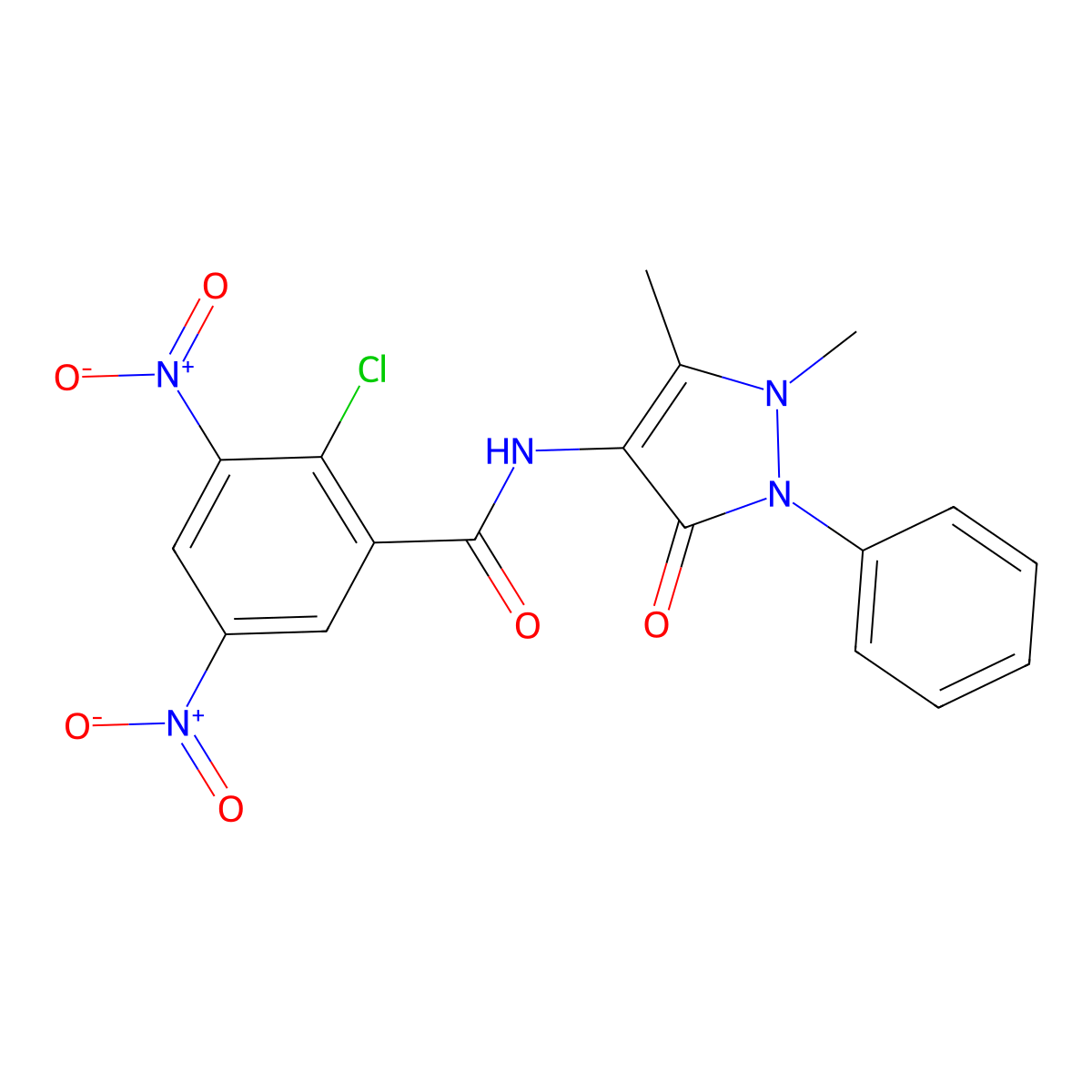 2-chloro-N-(1,5-dimethyl-3-oxo-2-phenylpyrazol-4-yl)-3,5-dinitrobenzamide molecular structure, CAS 324778-21-4