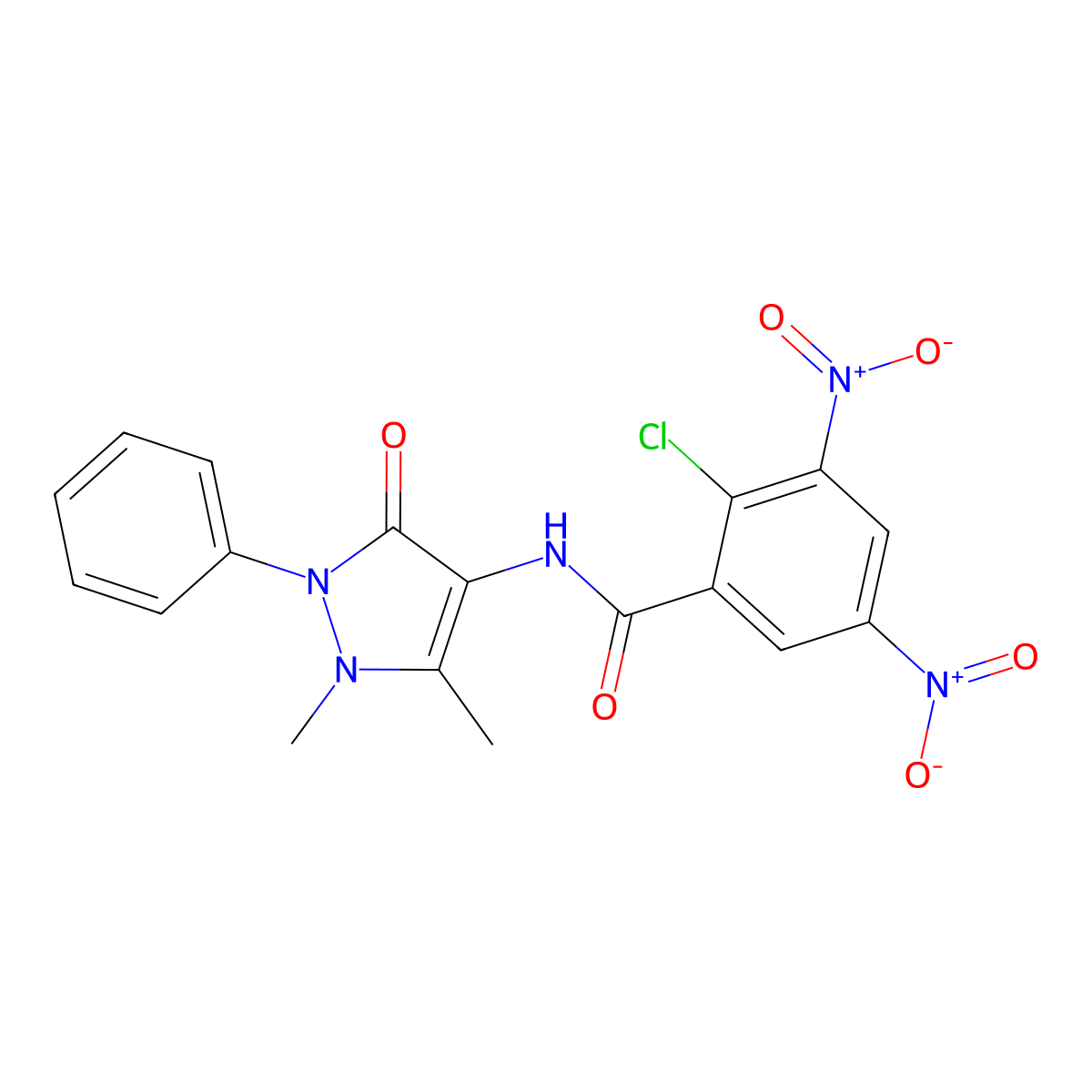 2-chloro-N-(1,5-dimethyl-3-oxo-2-phenylpyrazol-4-yl)-3,5-dinitrobenzamide molecular structure, CAS 324778-21-4