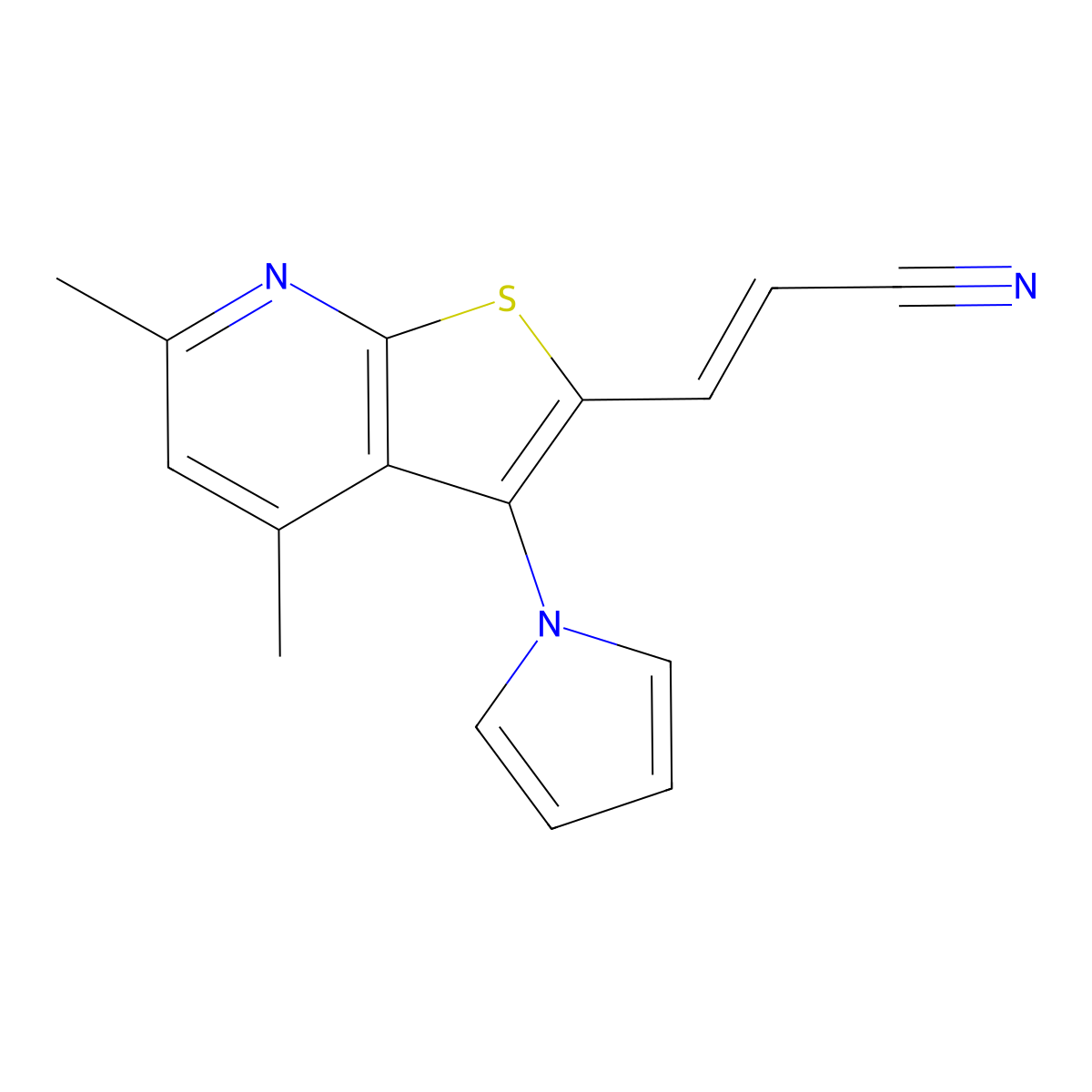 3-[4,6-dimethyl-3-(1H-pyrrol-1-yl)thieno[2,3-b]pyridin-2-yl]acrylonitrile molecular structure, CAS 325140-61-2