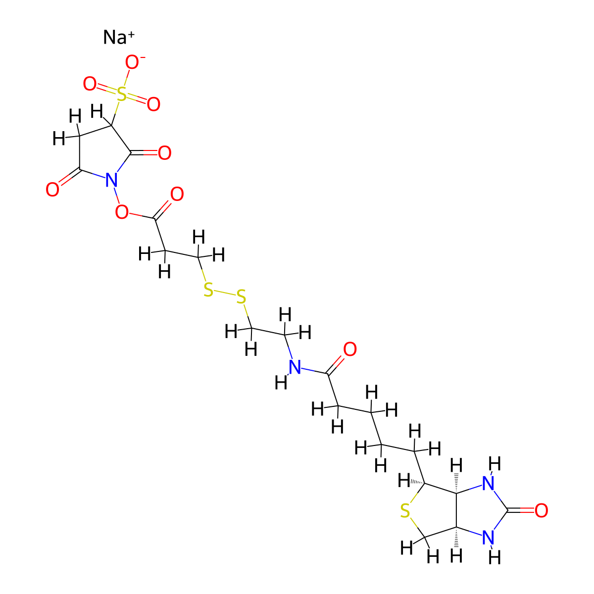 Sodium 2,5-dioxo-1-((3-((2-((5-((3aS,4S,6aR)-2-oxohexahydro-1H-thieno(3,4-d)imidazol-4-yl)pentanoyl)amino)ethyl)disulfanyl)propanoyl)oxy)pyrrolidine-3-sulfonate molecular structure, CAS 325143-98-4