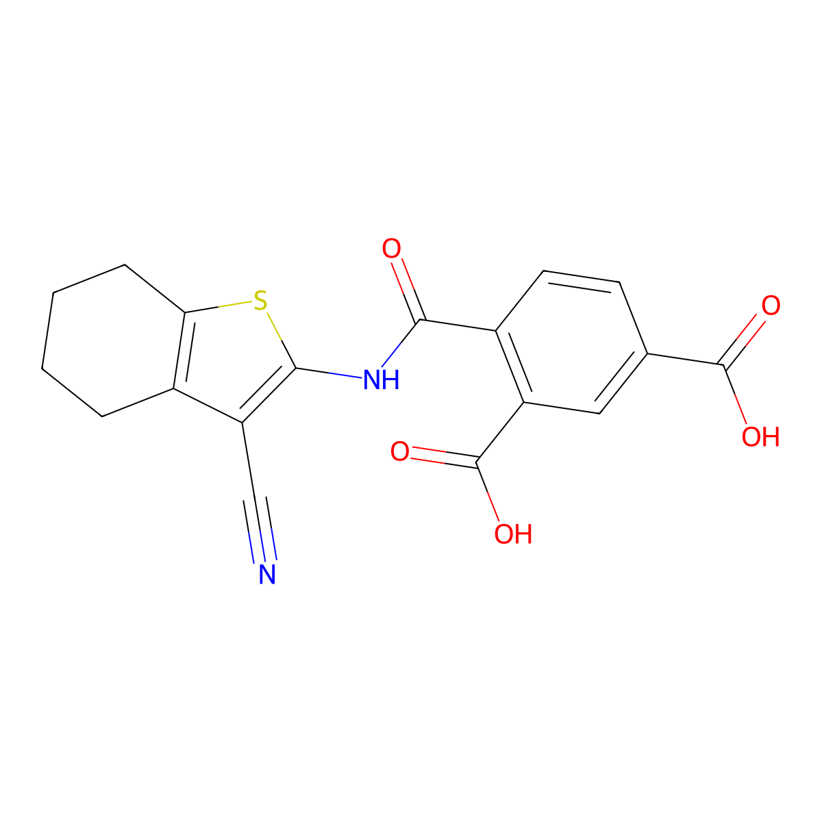 4-[(3-Cyano-4,5,6,7-tetrahydro-1-benzothiophen-2-yl)carbamoyl]benzene-1,3-dicarboxylic acid molecular structure, CAS 325472-40-0