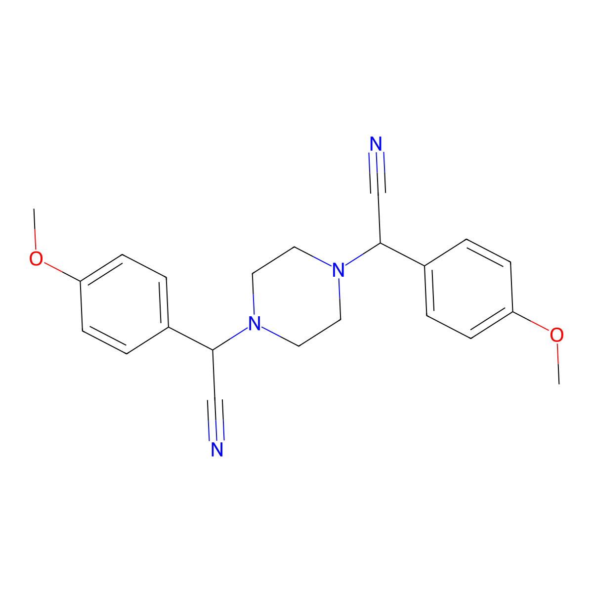 2-[4-[Cyano-(4-methoxyphenyl)methyl]piperazin-1-yl]-2-(4-methoxyphenyl)acetonitrile molecular structure, CAS 325473-60-7