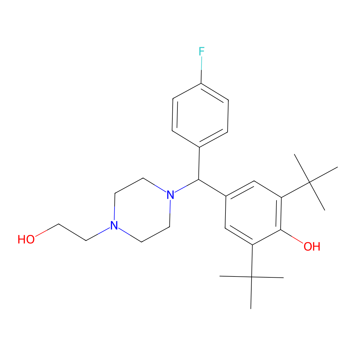 2,6-Di-tert-butyl-4-((4-fluorophenyl)(4-(2-hydroxyethyl)piperazin-1-yl)methyl)phenol molecular structure, CAS 325474-14-4