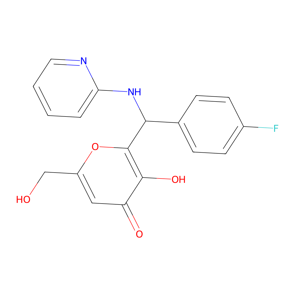 2-[(4-fluorophenyl)(pyridin-2-ylamino)methyl]-3-hydroxy-6-(hydroxymethyl)-4H-pyran-4-one molecular structure, CAS 325474-15-5