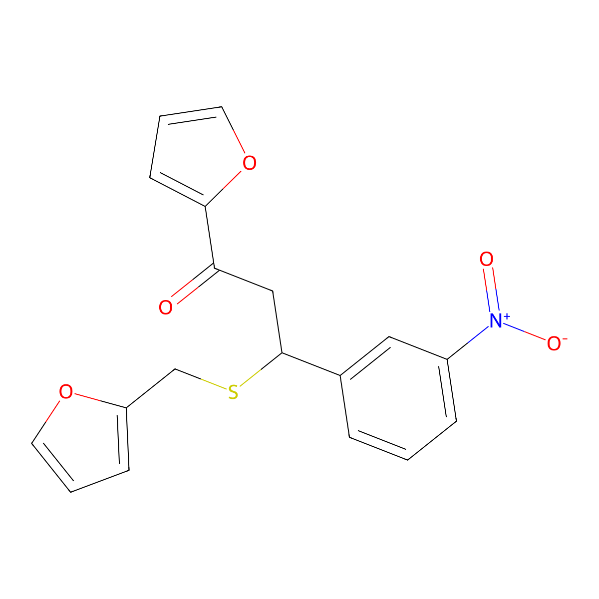 1-(Furan-2-yl)-3-((furan-2-ylmethyl)thio)-3-(3-nitrophenyl)propan-1-one molecular structure, CAS 325474-42-8