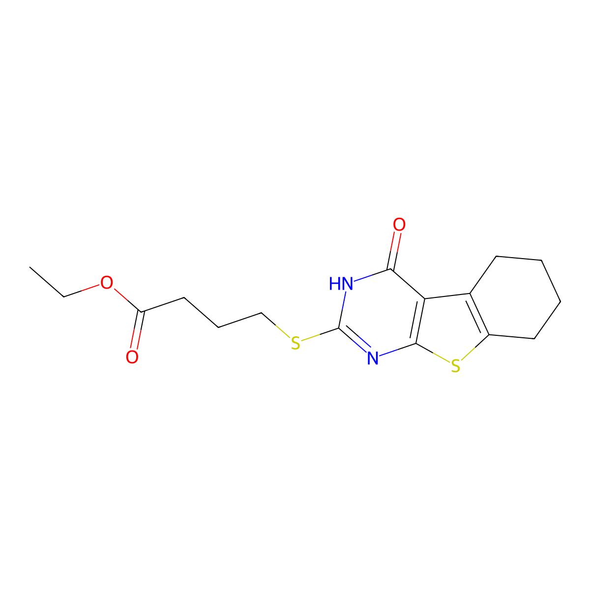 Ethyl 4-[(4-oxo-3,4,5,6,7,8-hexahydro[1]benzothieno[2,3-d]pyrimidin-2-yl)sulfanyl]butanoate molecular structure, CAS 325476-25-3